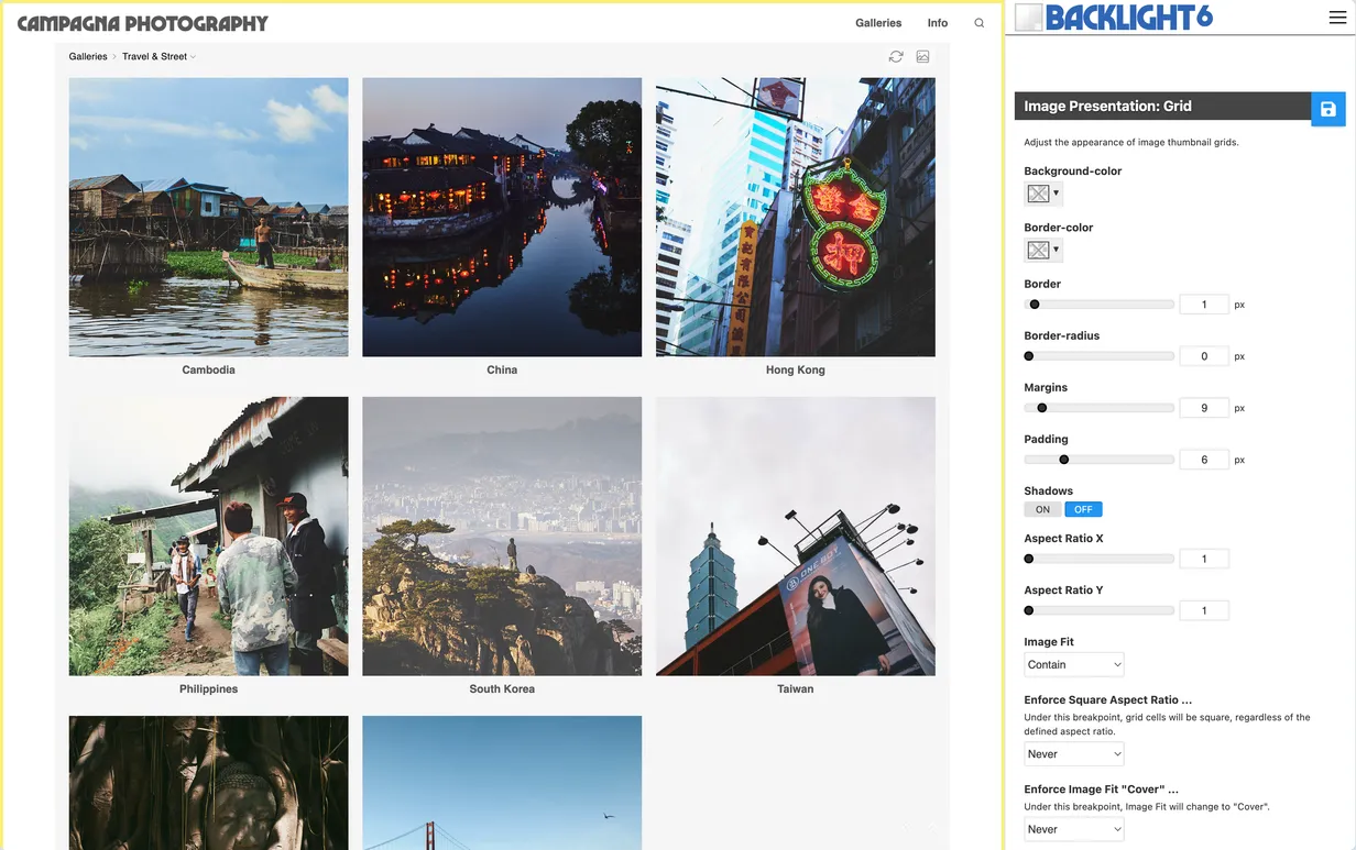 Backlight designer panel showing a photo gallery grid with travel photography